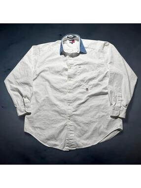 Vintage Y2K Tommy Hilfiger Button Up Shirt Small White Crest Denim Style Collar